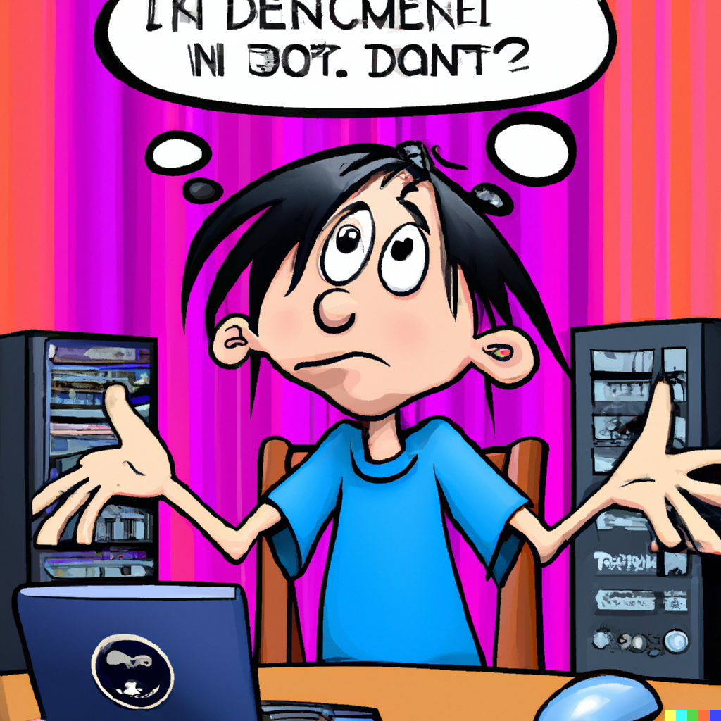 A cartoon showing a teenager sitting in front of a computer, with a confused and frustrated expression on his face. Generated by DALL-E.