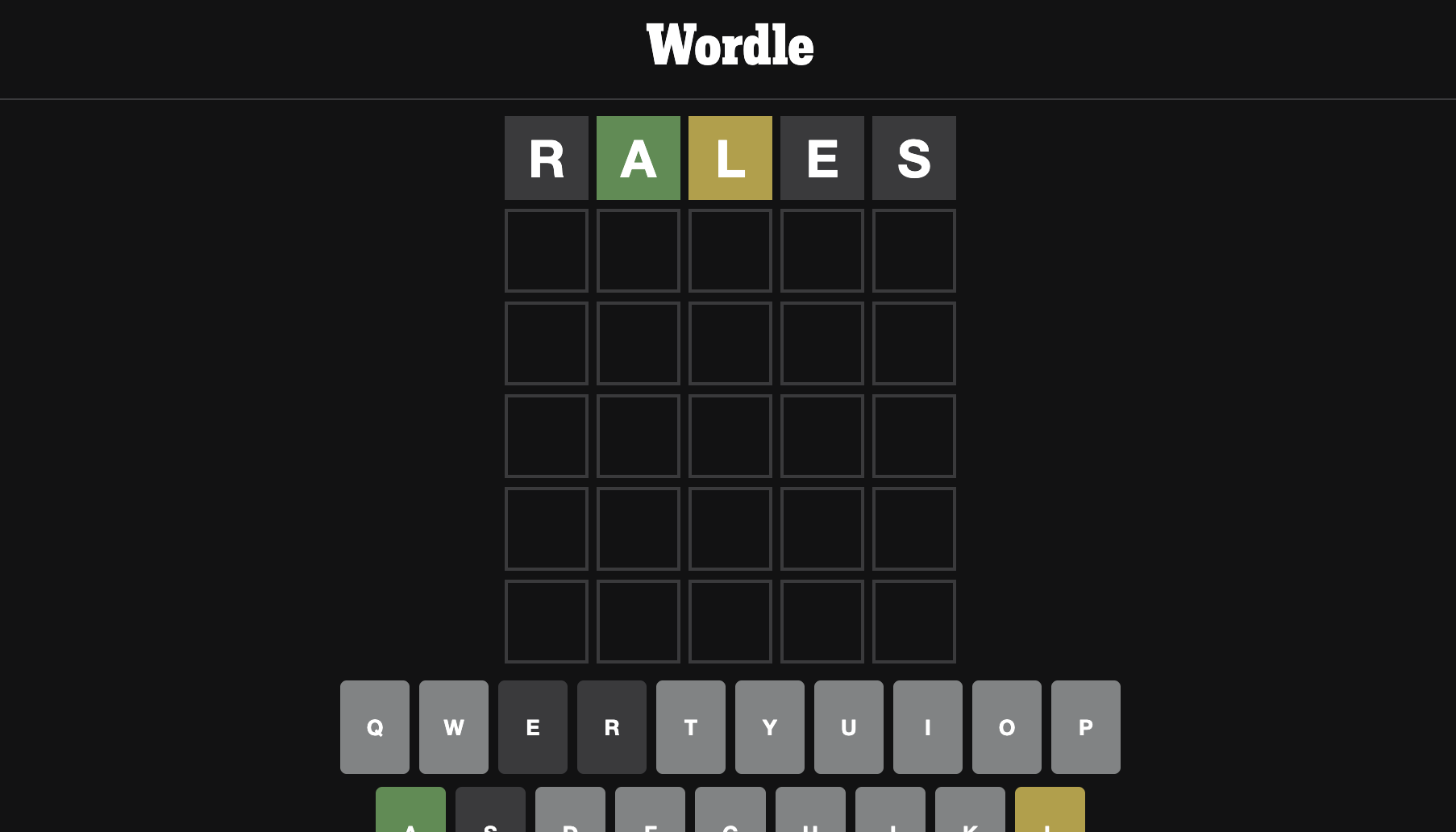 Wordle grid with first word played is Rales.